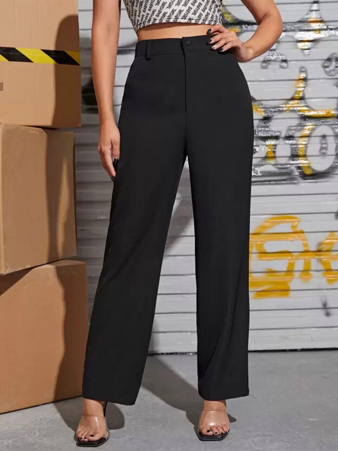 

Visit Wear Women High-Rise Parallel Trousers, Black