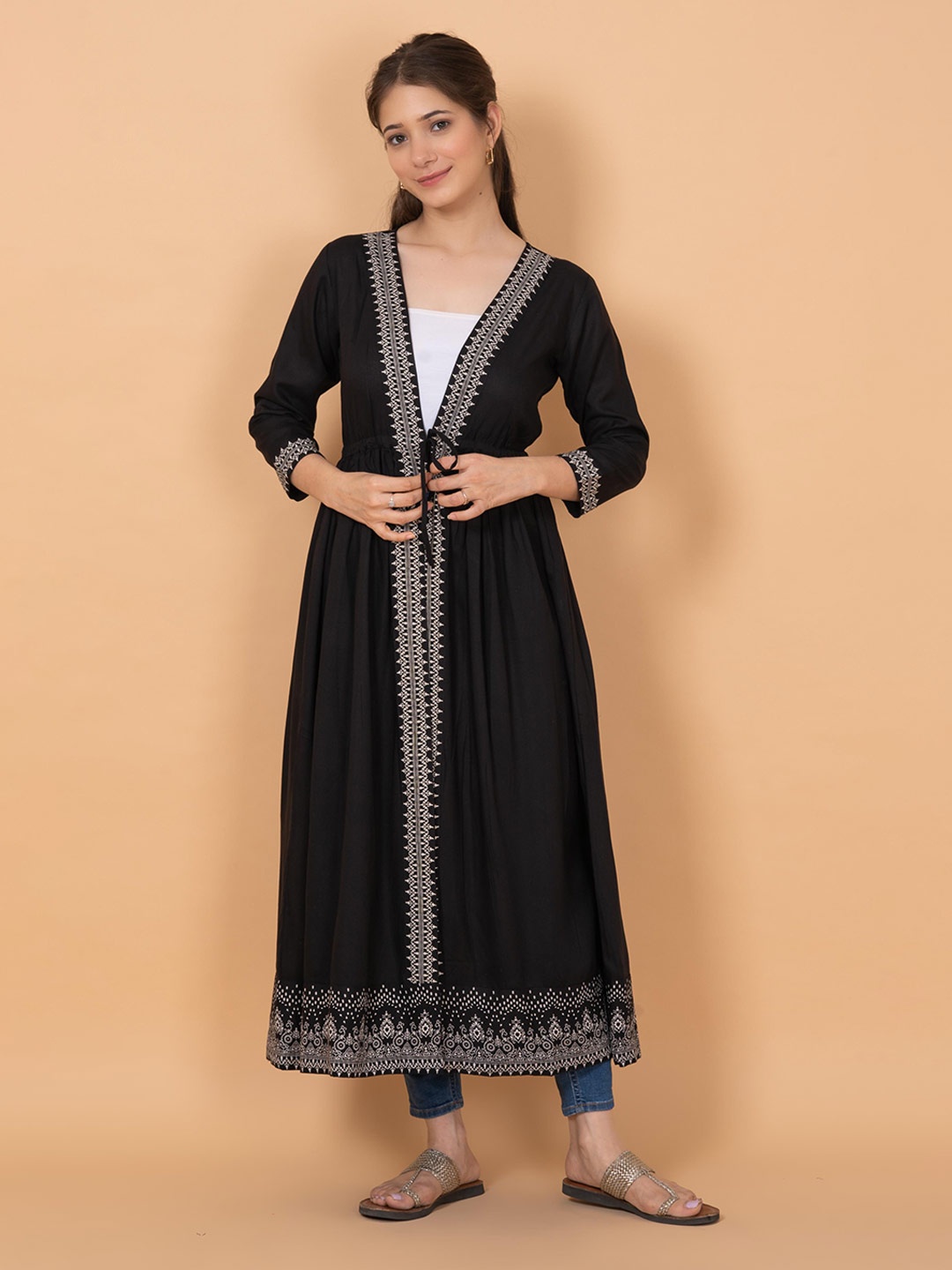 

KALINI Ethnic Motifs Printed Longline Tie-Up Shrug, Black