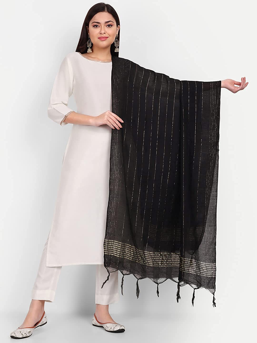 

CANIZZARO Striped Tasselled Dupatta, Black