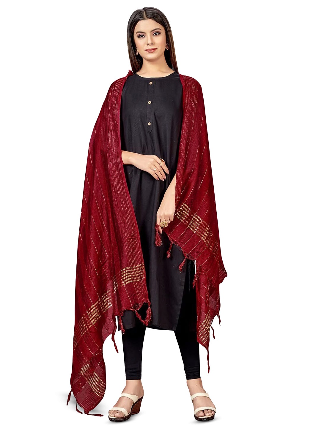 

CANIZZARO Striped Tasselled Dupatta, Maroon