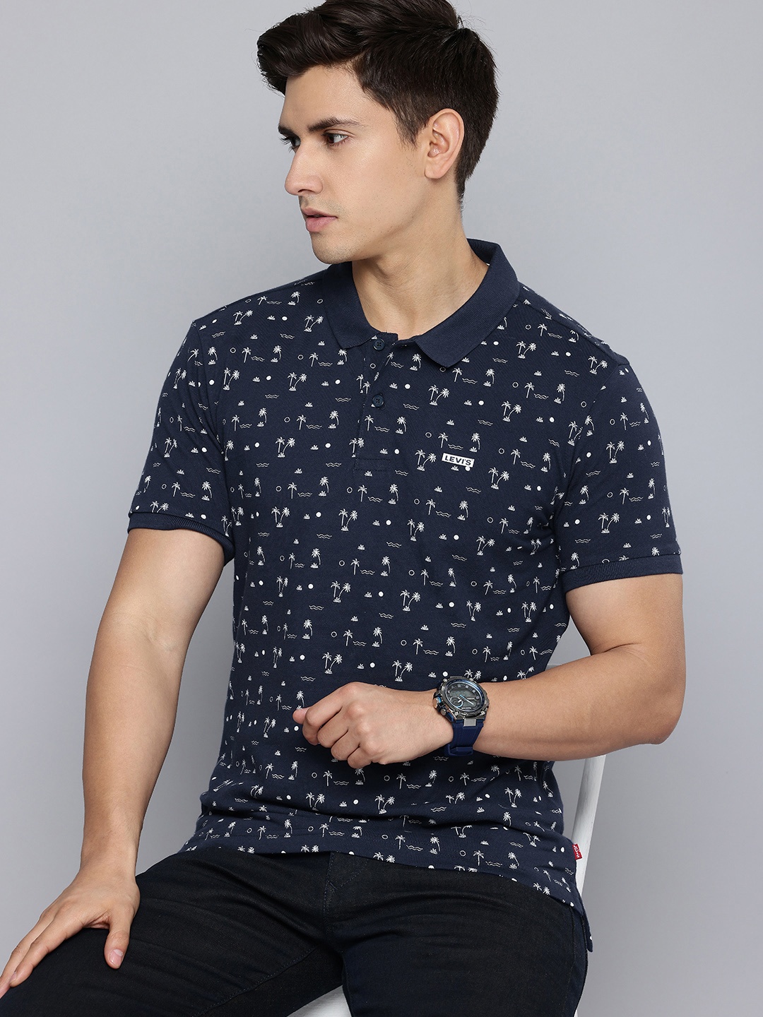 

Levis Tropical Printed Polo Collar Pure Cotton T-shirt, Navy blue