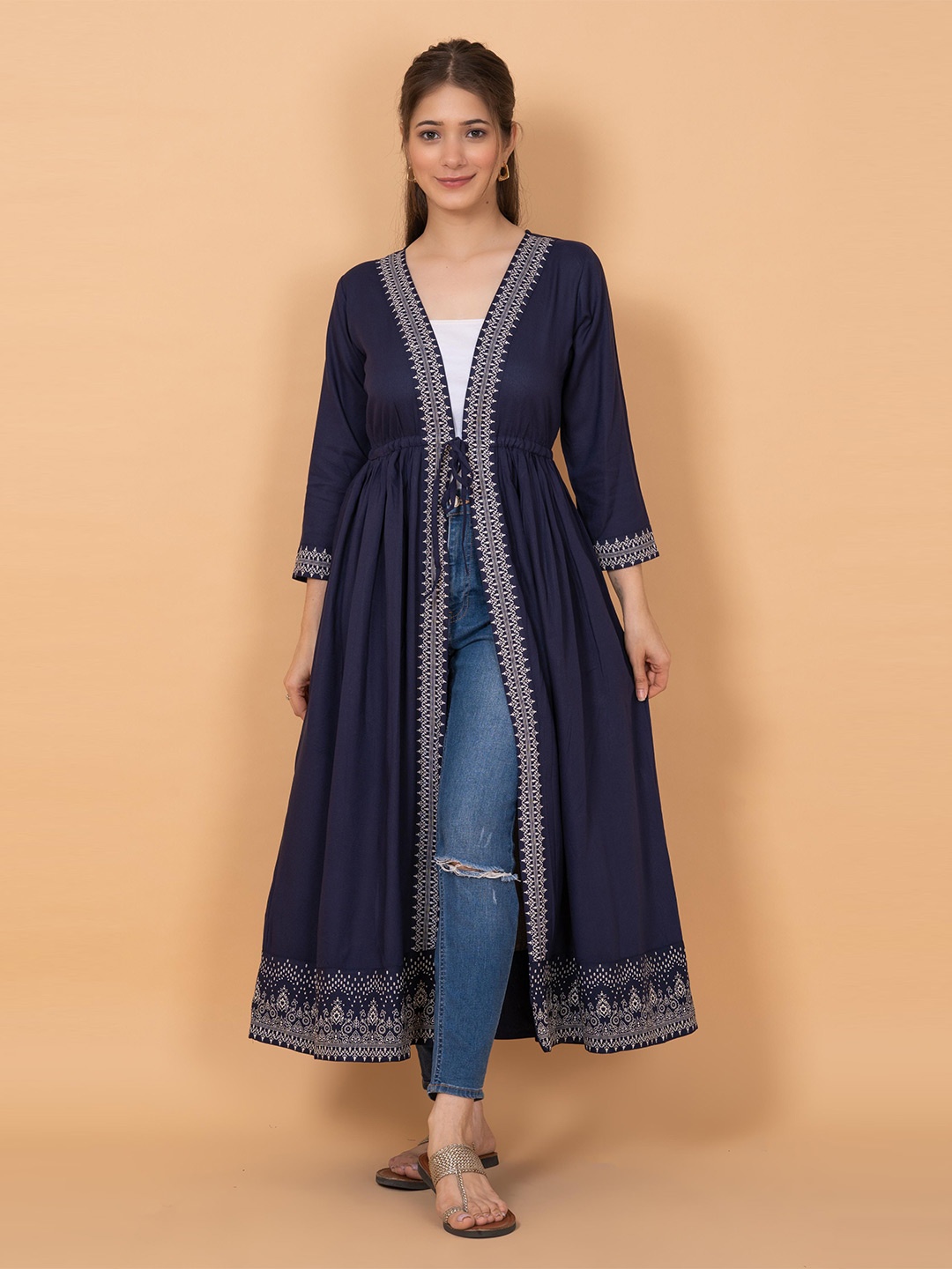 

DAEVISH Ethnic Printed Longline Tie-Up Shrug, Blue