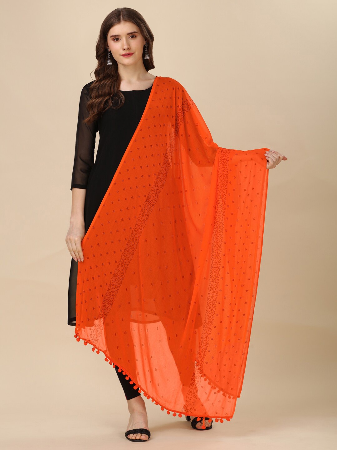 

CANIZZARO Ethnic Motifs Block Printed Cotton Dupatta With Pom-Pom Border, Orange