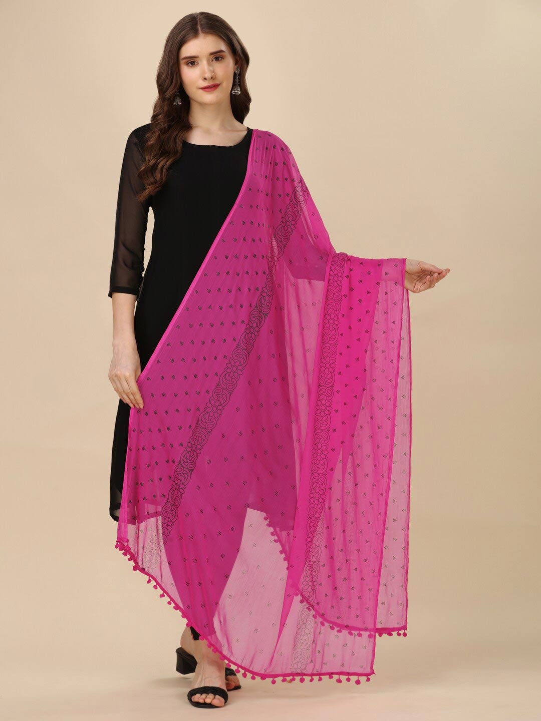 

CANIZZARO Ethnic Motifs Block Printed Cotton Dupatta With Pom-Pom Border, Pink