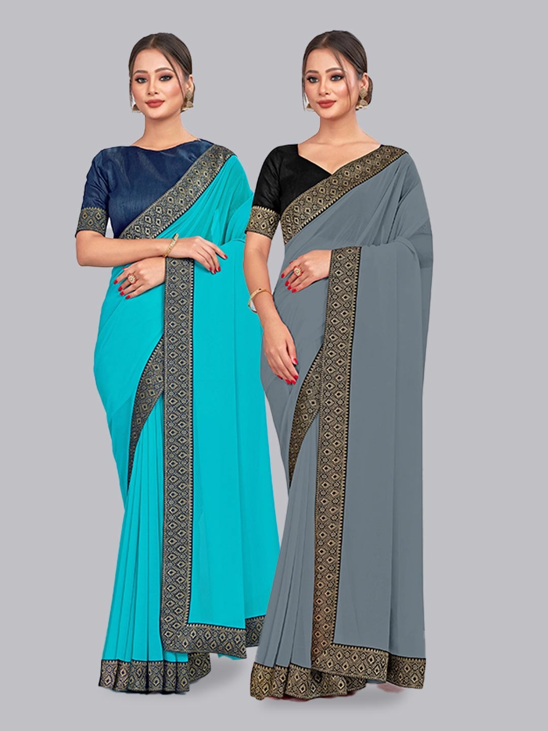 

CastilloFab Pure Georgette Lace Border Zari Saree, Turquoise blue