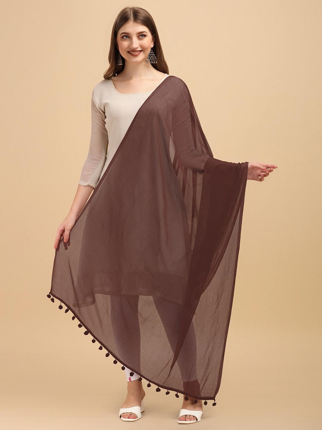 

CANIZZARO Tasselled Chiffon Dupatta, Brown