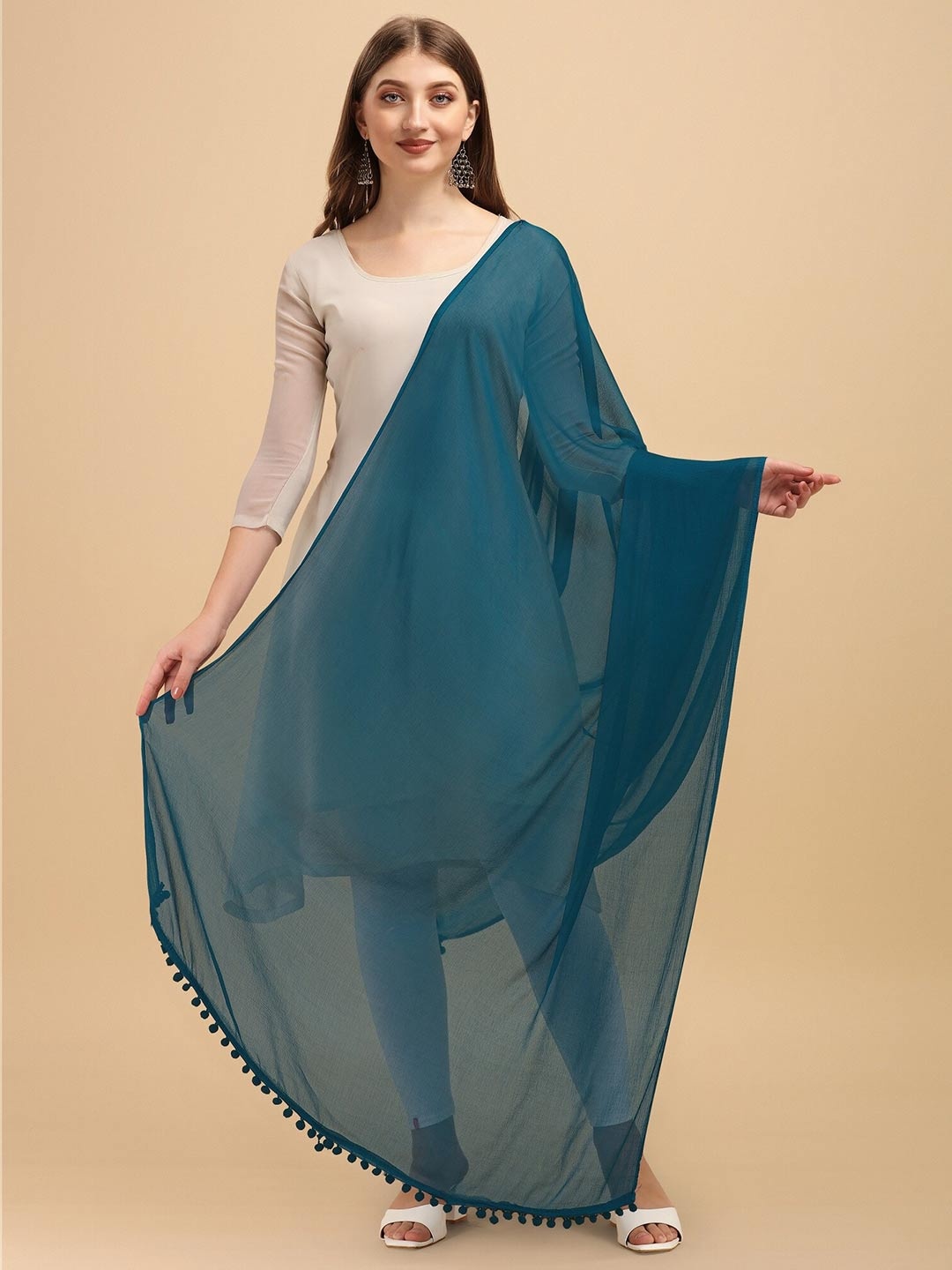 

CANIZZARO Tasselled Chiffon Dupatta, Teal