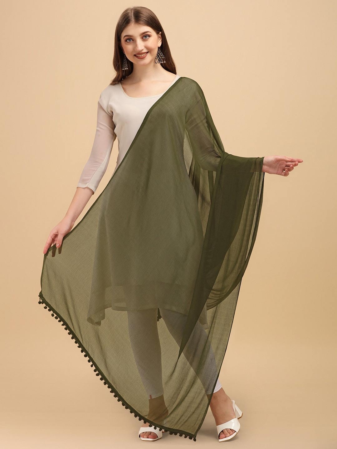 

CANIZZARO Pom-Pom Border Dupatta, Olive