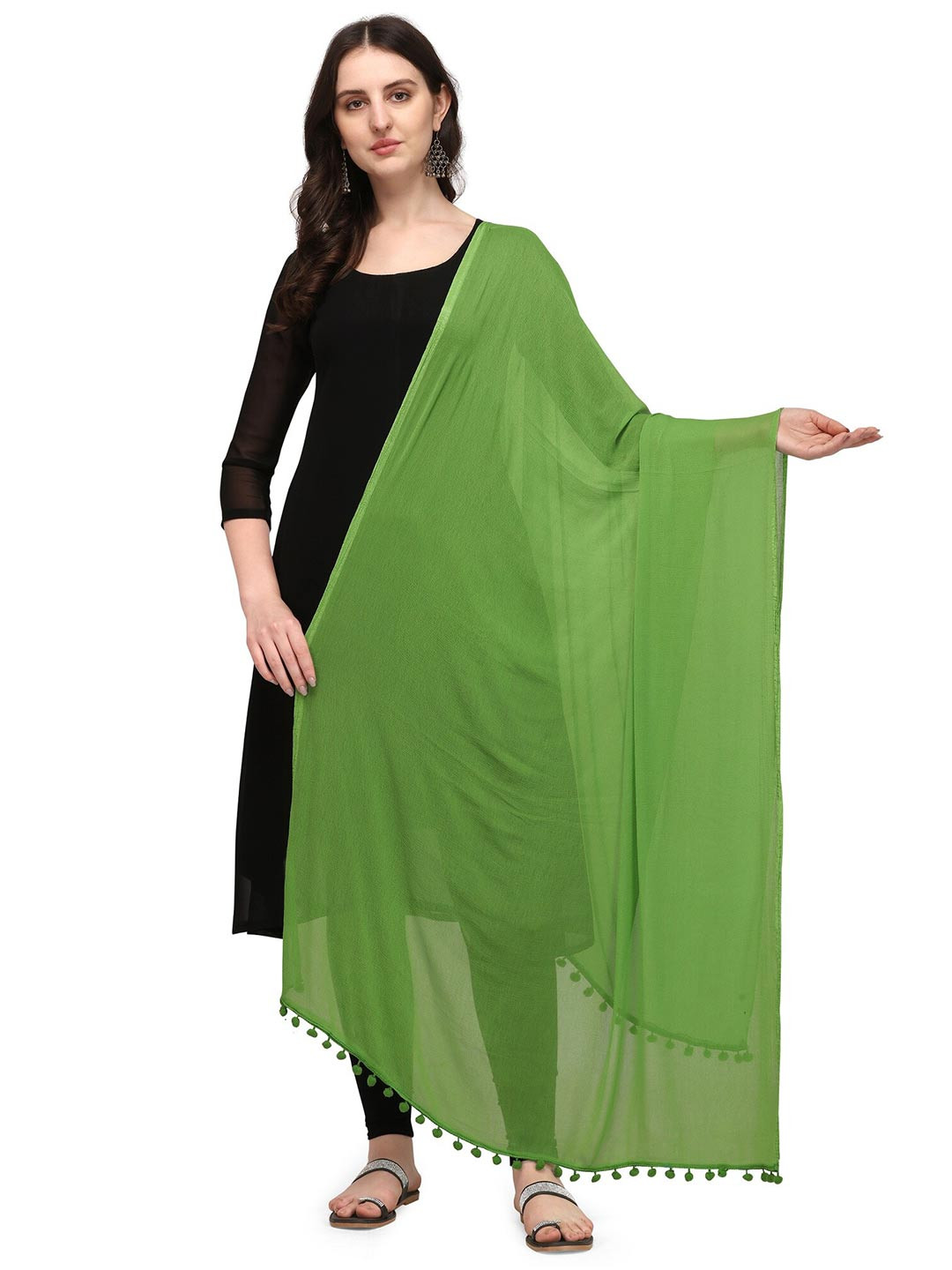 

CANIZZARO Pom-Pom Border Dupatta, Green
