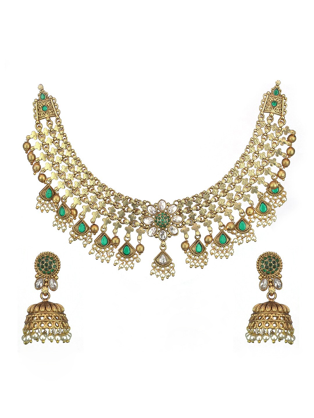 

Diksha collection Gold-Plated Stone-Studded & Beaded Jewellery Set