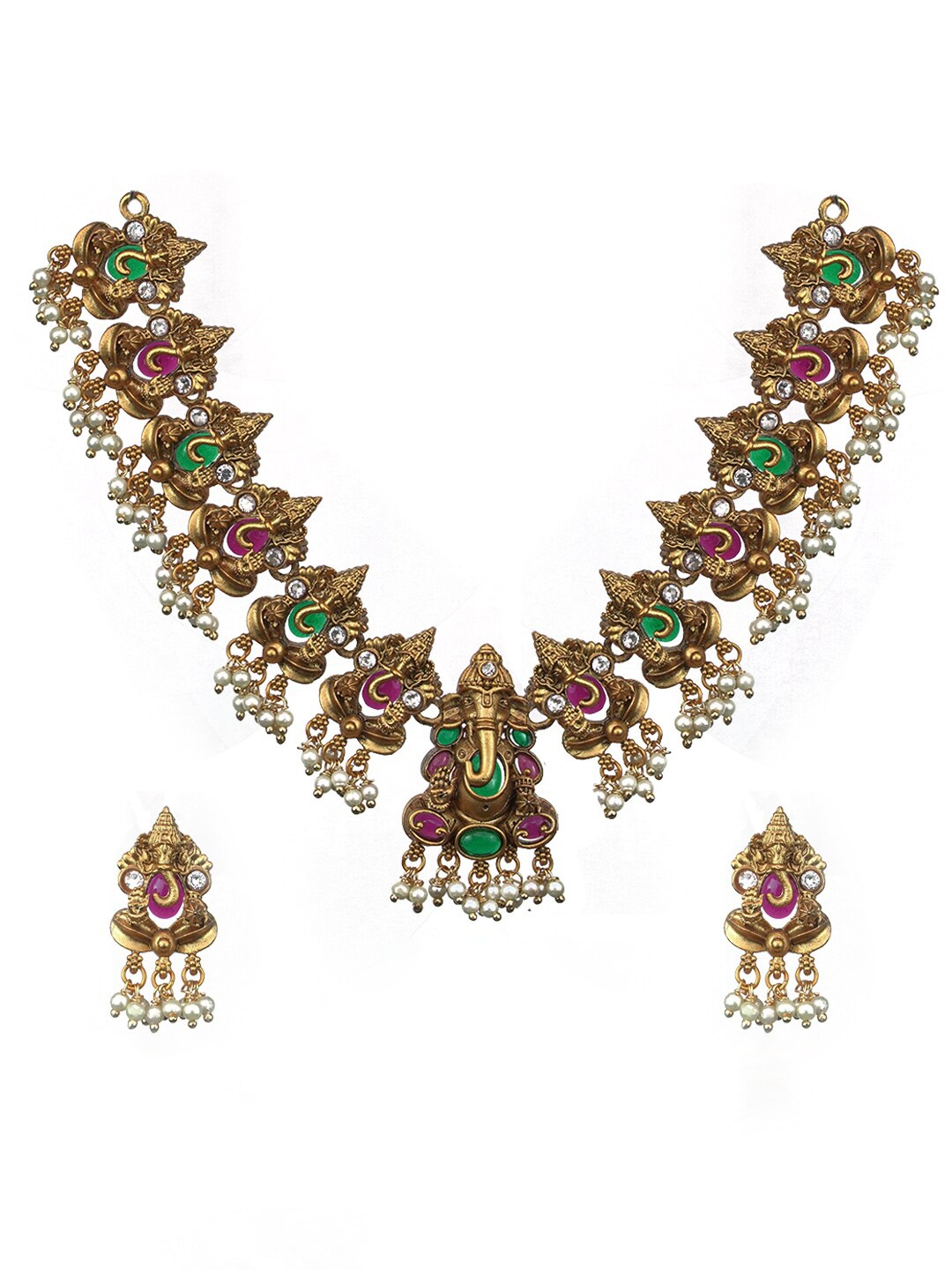 

Diksha collection Gold-Plated Stone-Studded & Beaded Jewellery Set