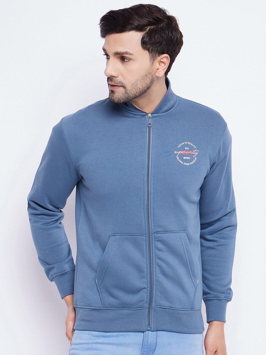 

Duke Mandarin Collar Cotton Front Open Sweatshirt, Blue