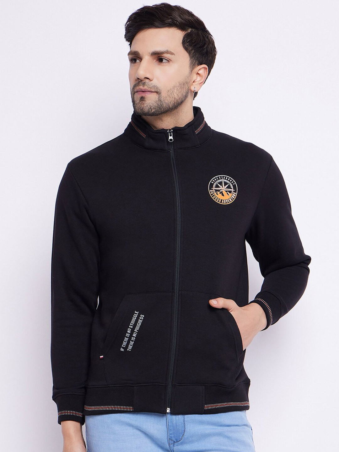 

Duke Mock Collar Cotton Front Open Sweatshirt, Black