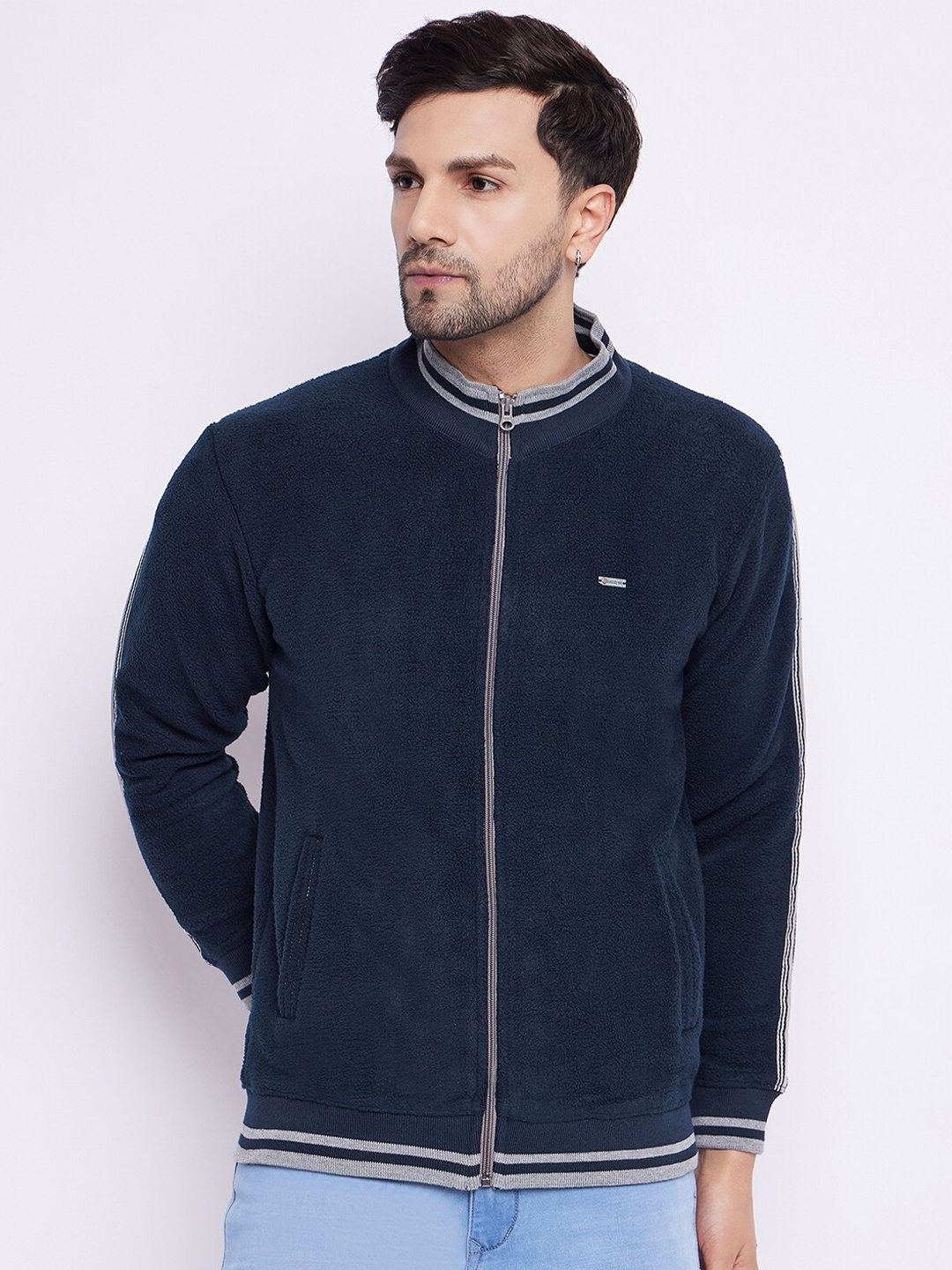 

Duke Mock Collar Cotton Front-Open Sweatshirt, Navy blue