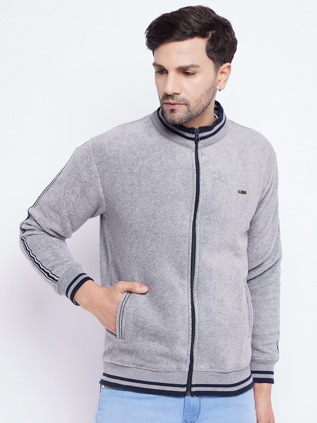

Duke Stand Collar Cotton Front-Open Sweatshirt, Grey