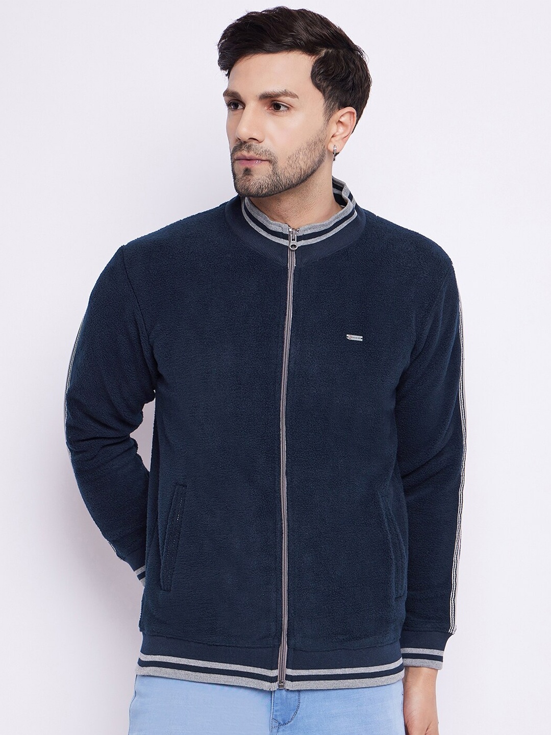 

Duke Stand Collar Cotton Front-Open Sweatshirt, Navy blue