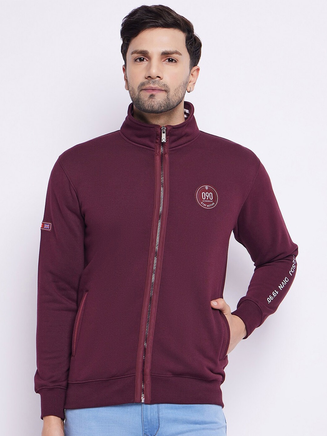 

Duke Stand Collar Cotton Front-Open Sweatshirt, Maroon