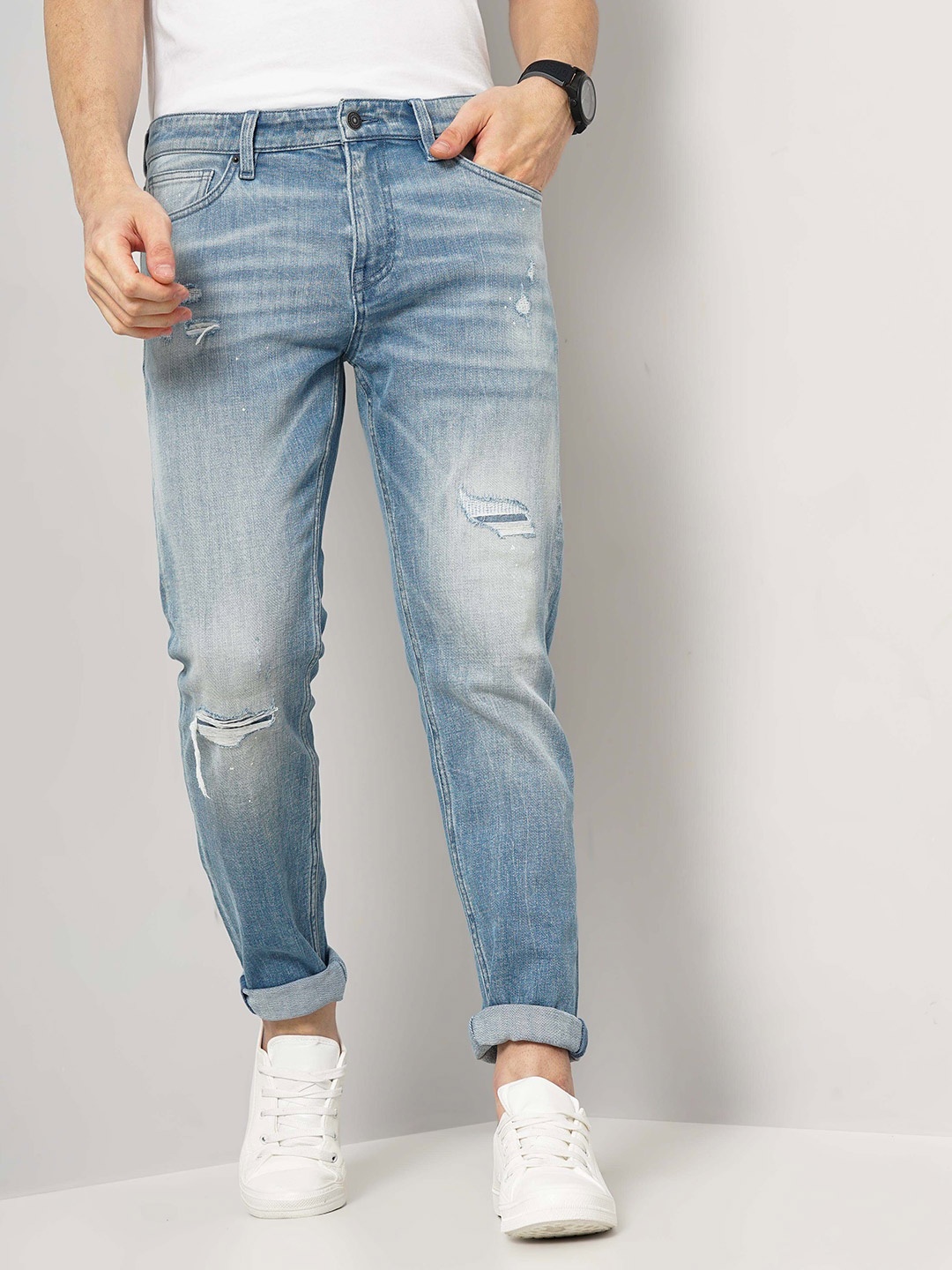 

Celio Men Jean Slim Fit Low Distress Light Fade Cotton Jeans, Blue