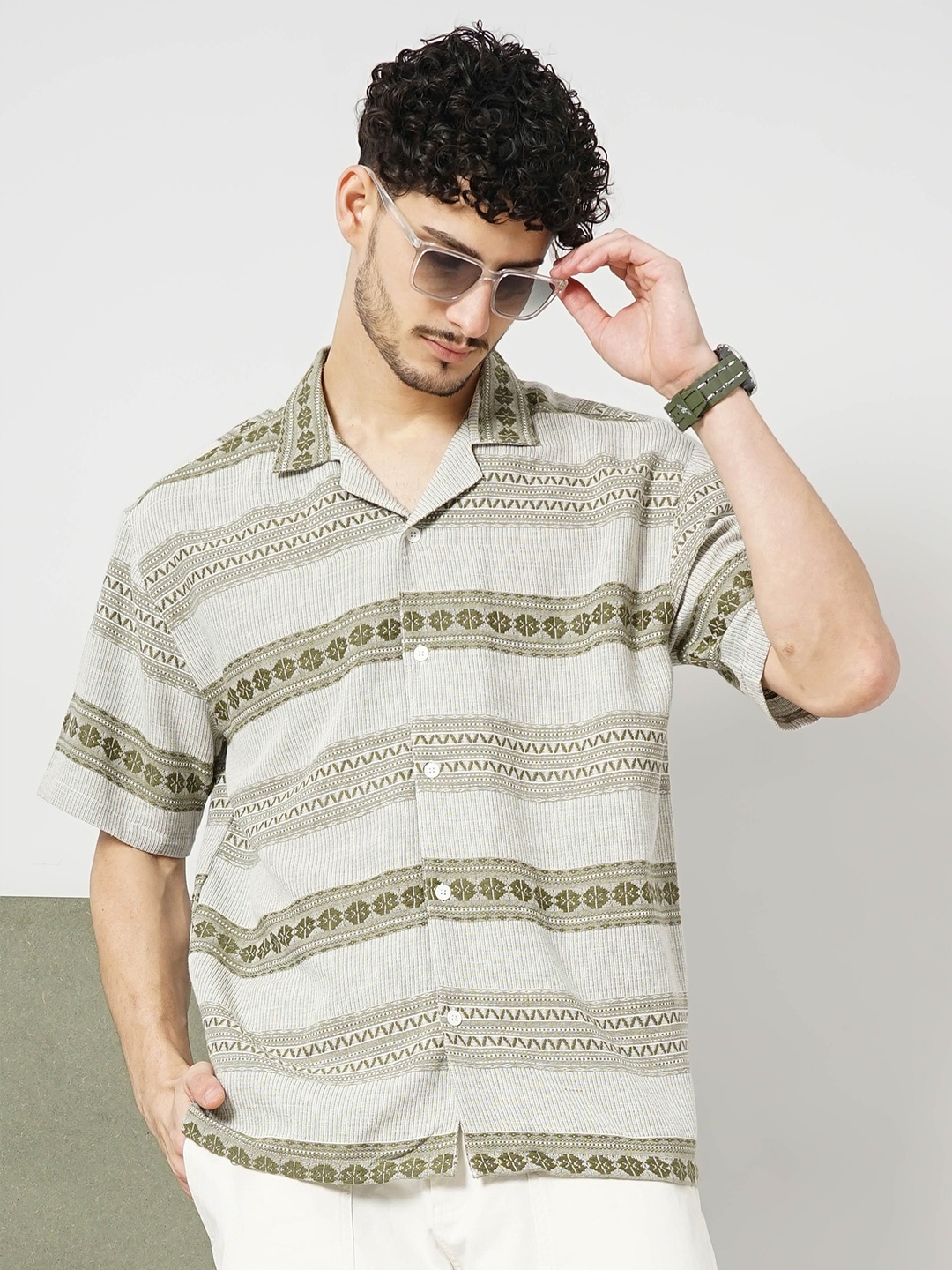 

Celio Classic Boxy Opaque Striped Casual Shirt, Olive