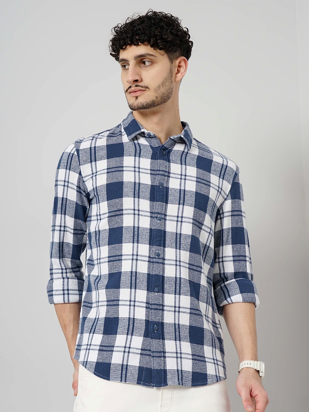 

Celio Classic Opaque Tartan Checks Spread Collar Casual Shirt, Blue