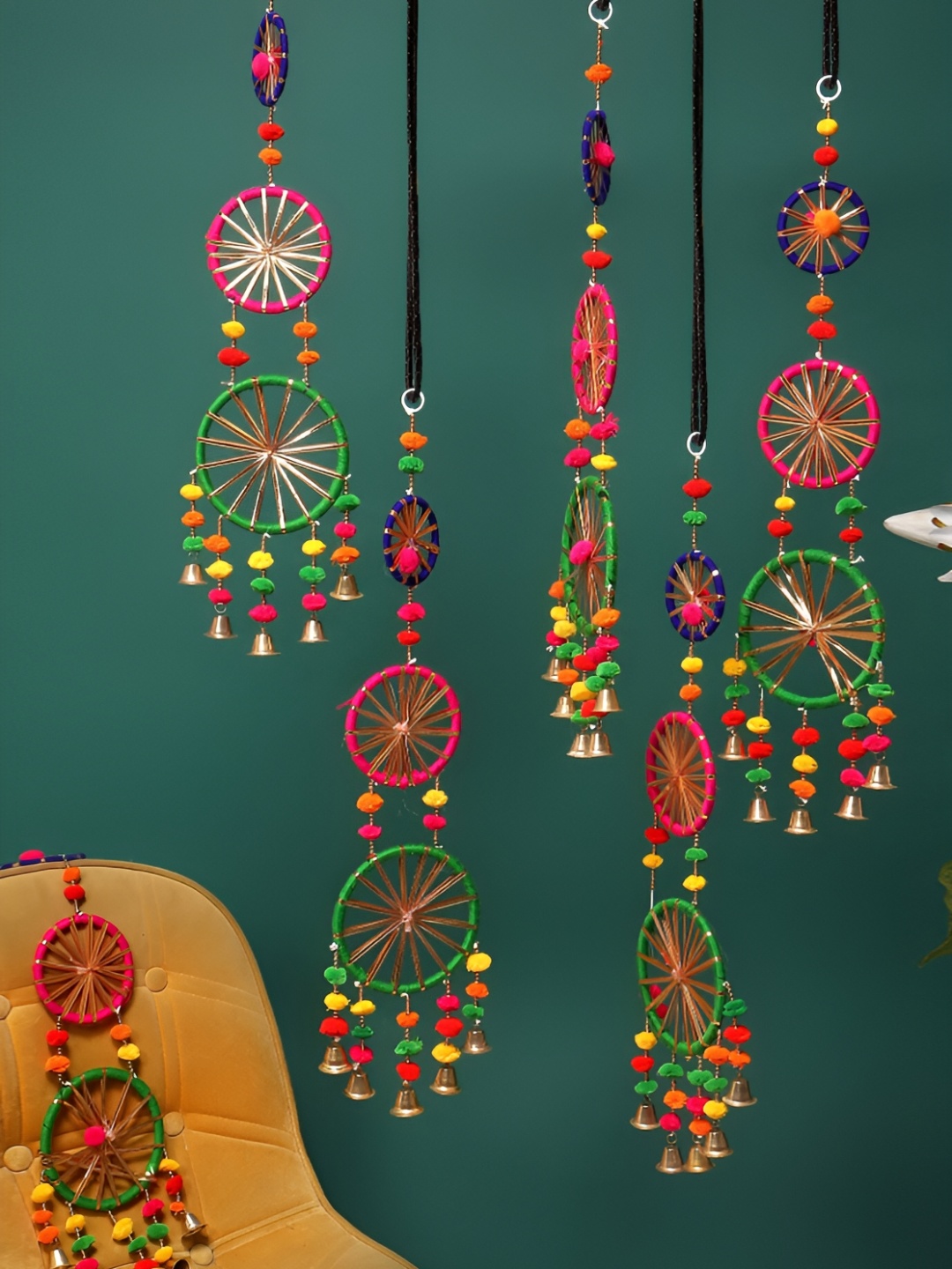 

Akaar Green & Pink 2 Pieces Fabric Hangings With Bell Wall Decor