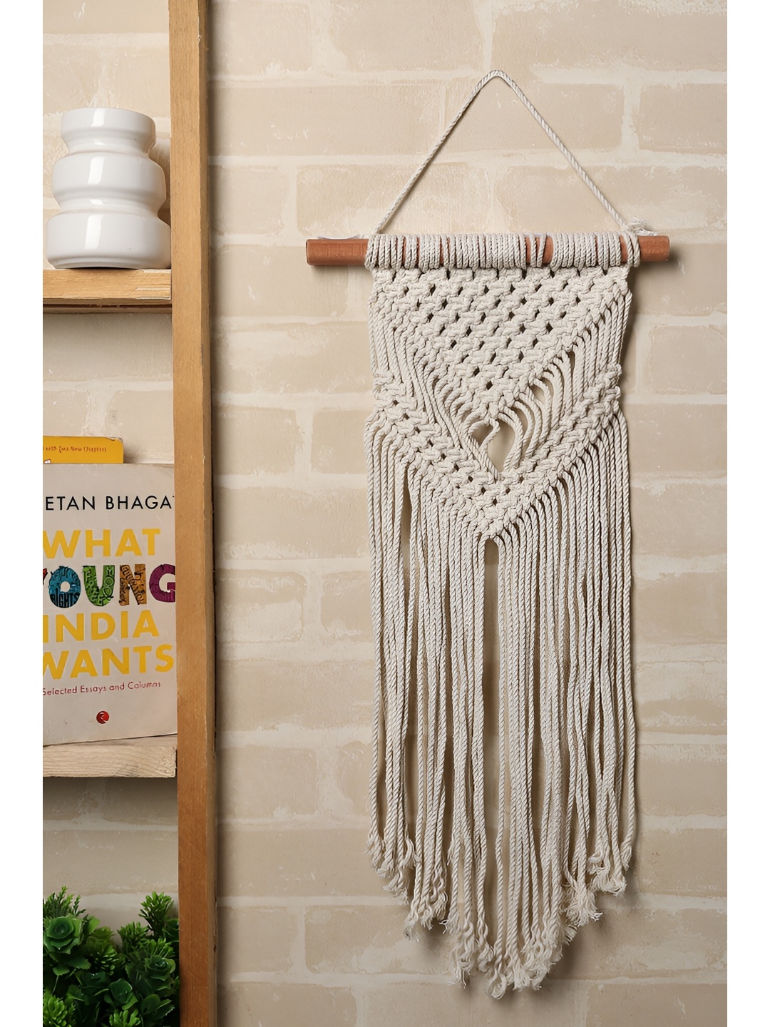 Akaar White Self Designed Boho Chic Macrame Hanging Wall Decor