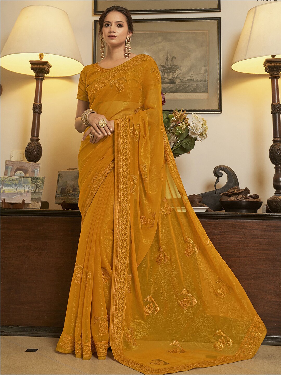 

Mitera Beads and Stones Chiffon Fusion Saree, Mustard