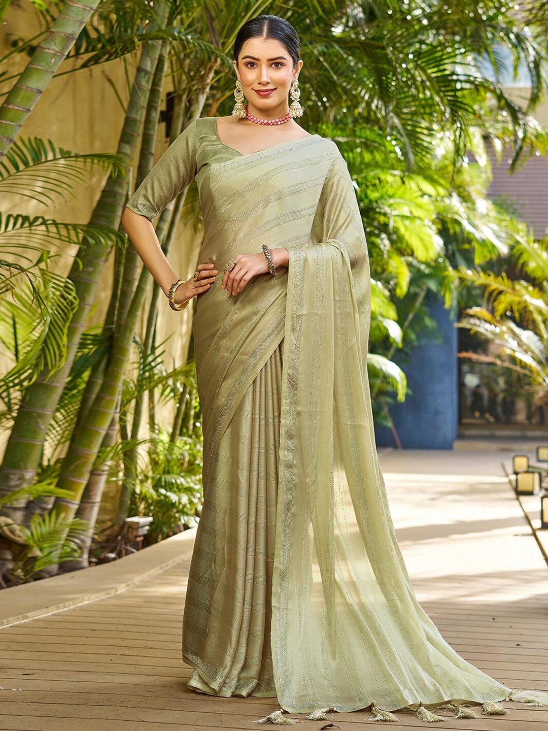 

Mitera Beige Striped Beads And Stones Embellished Saree