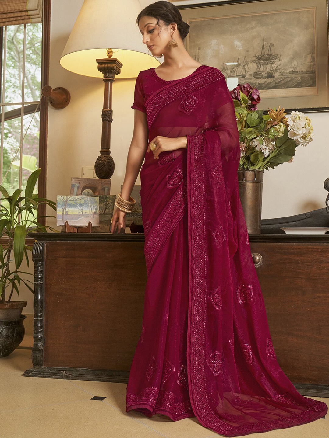 

Mitera Pink Ethnic Motifs Beads And Stones Embellished Saree