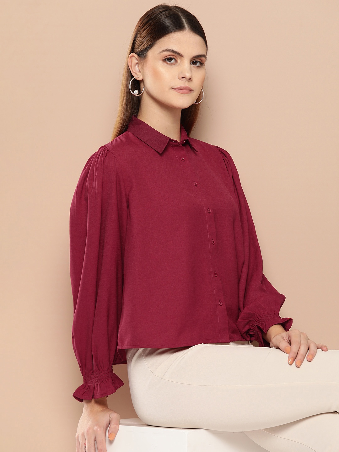 

INVICTUS Opaque Puff Sleeves Formal Shirt, Maroon
