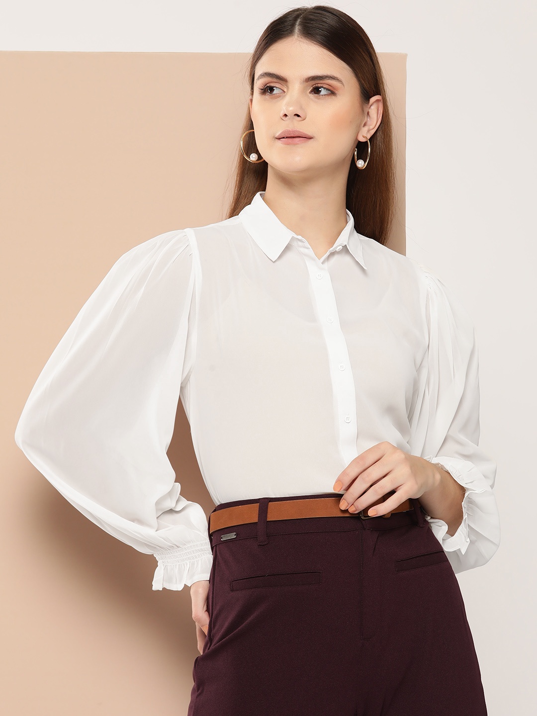 

INVICTUS Semi Sheer Puff Sleeves Formal Shirt, White