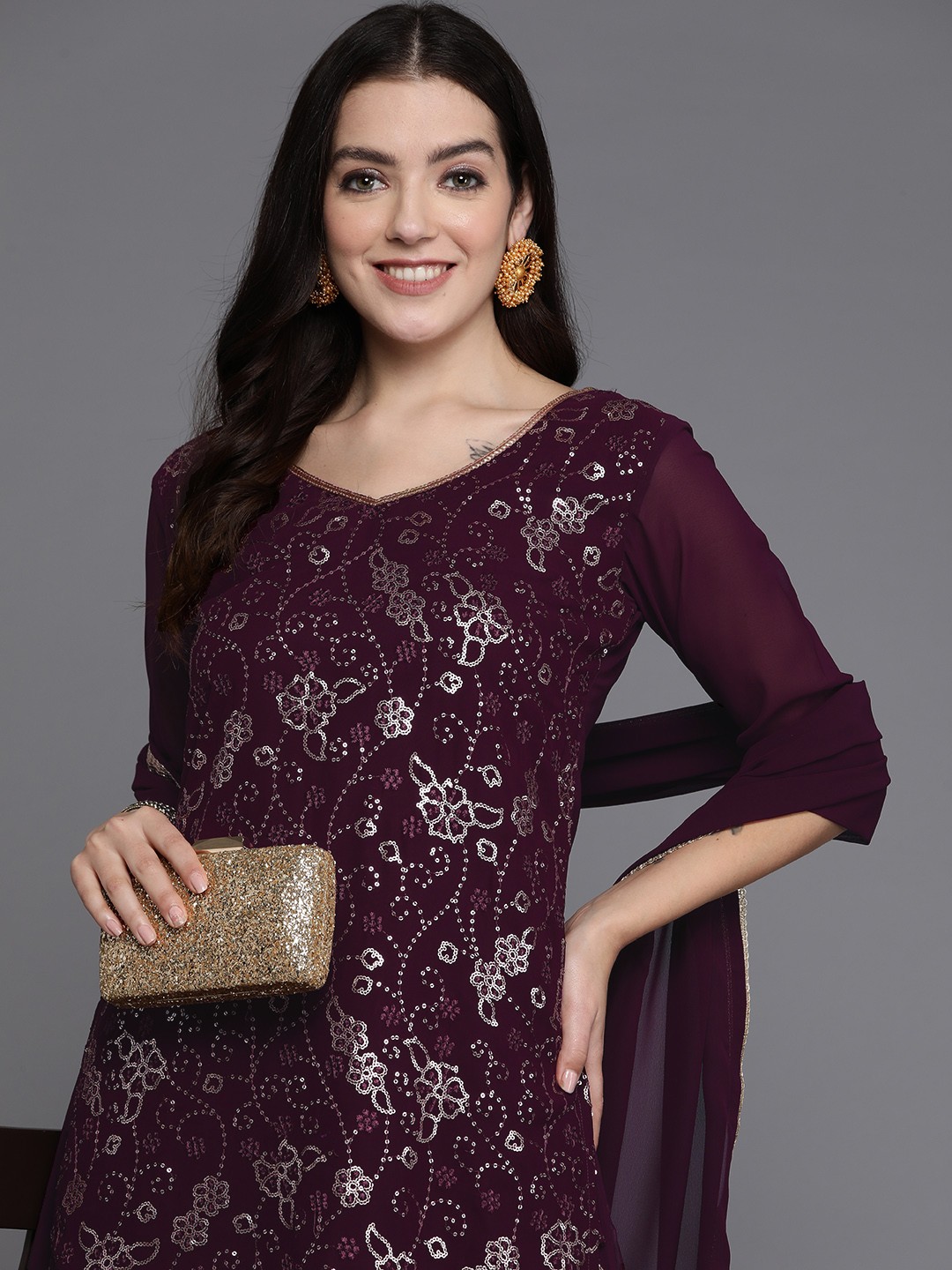 

Indo Era Women Floral Embroidered Regular Sequinned Kurta with Sharara & With Dupatta, Burgundy