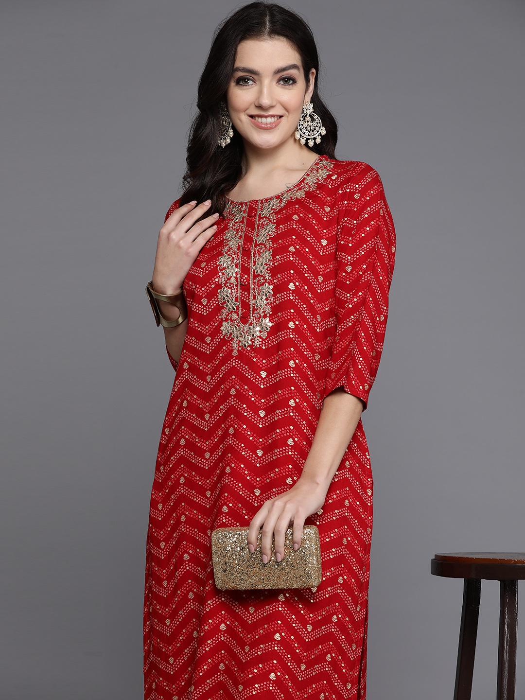 

Indo Era Women Floral Yoke Design Gotta Patti Kurta, Red