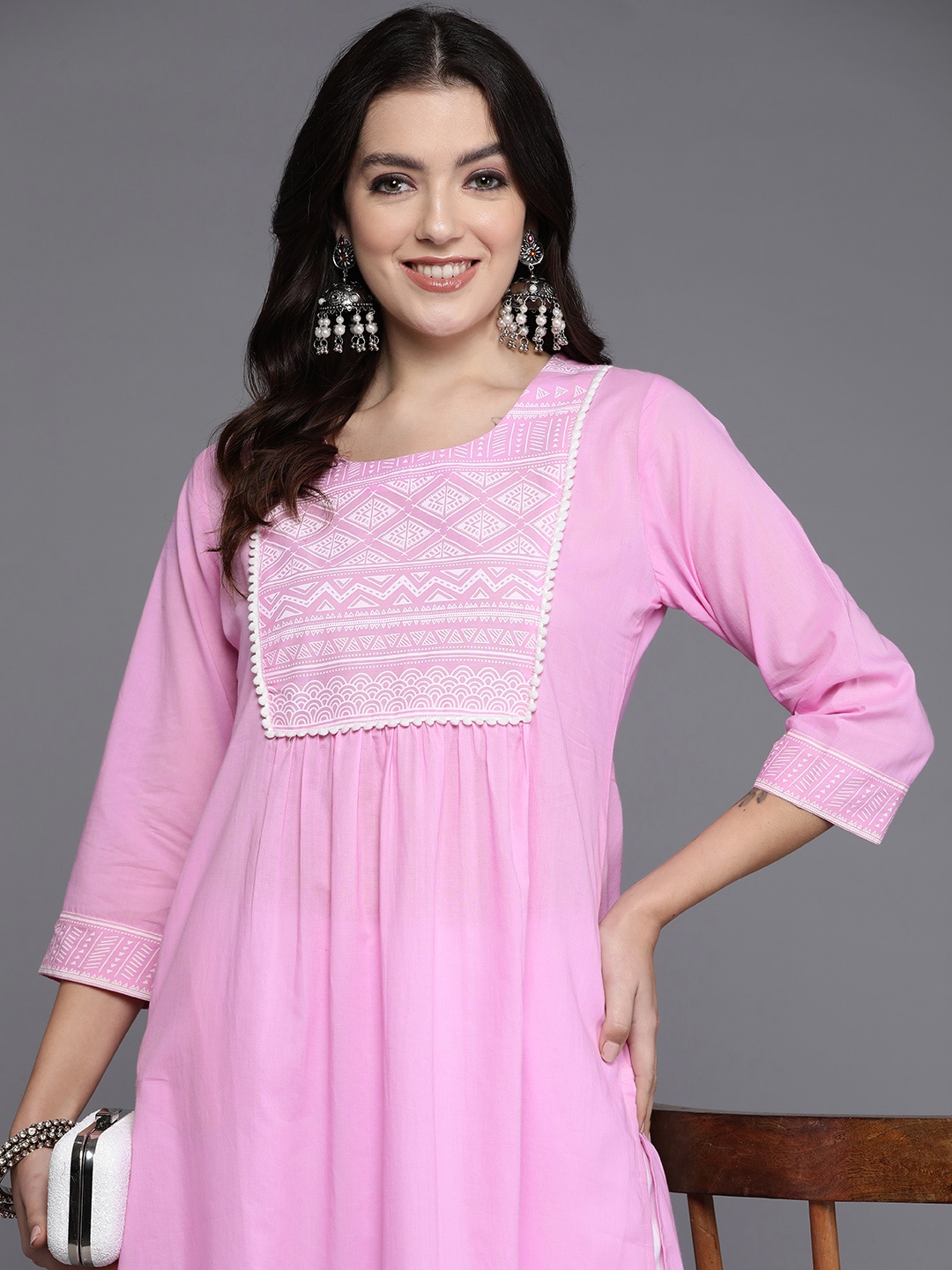 

Indo Era Women Geometric Yoke Design Kurta, Pink