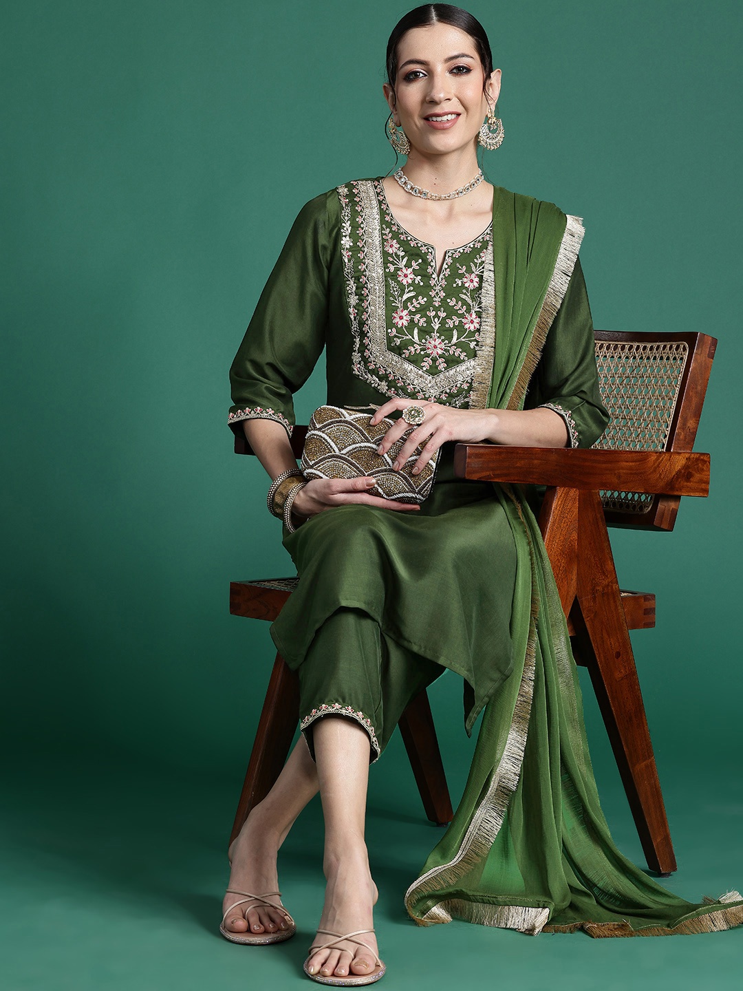

Indo Era Floral Yoke Design Sequinned Kurta with Trousers & Dupatta, Green