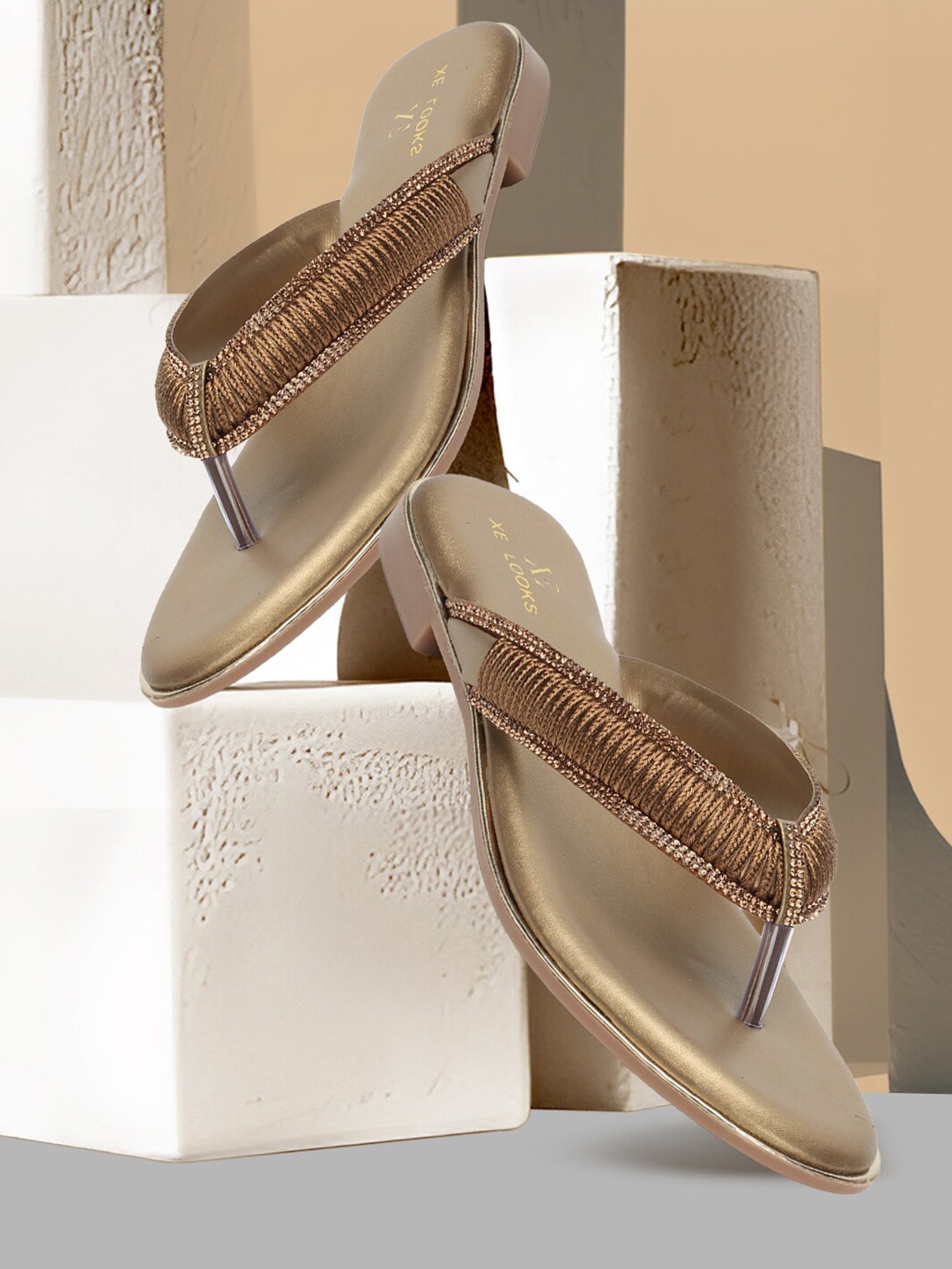 

XE Looks Embellished Open Toe T-Strap Flats, Copper