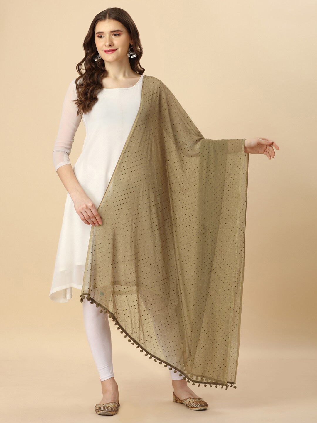 

CANIZZARO Polka Dot Printed Pom-Pom Border Dupatta, Cream