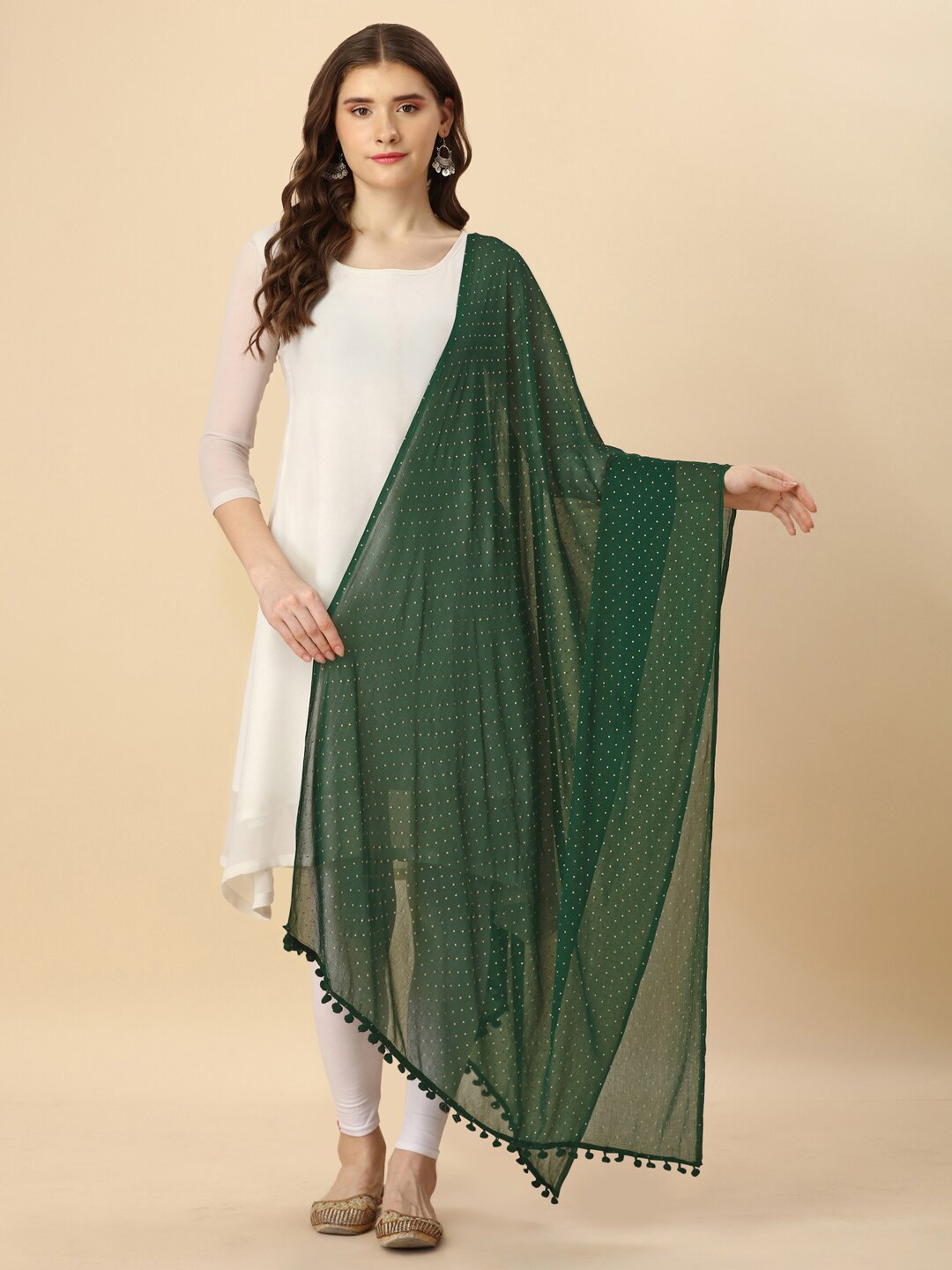 

CANIZZARO Polka Dot Printed Chiffon Dupatta, Green