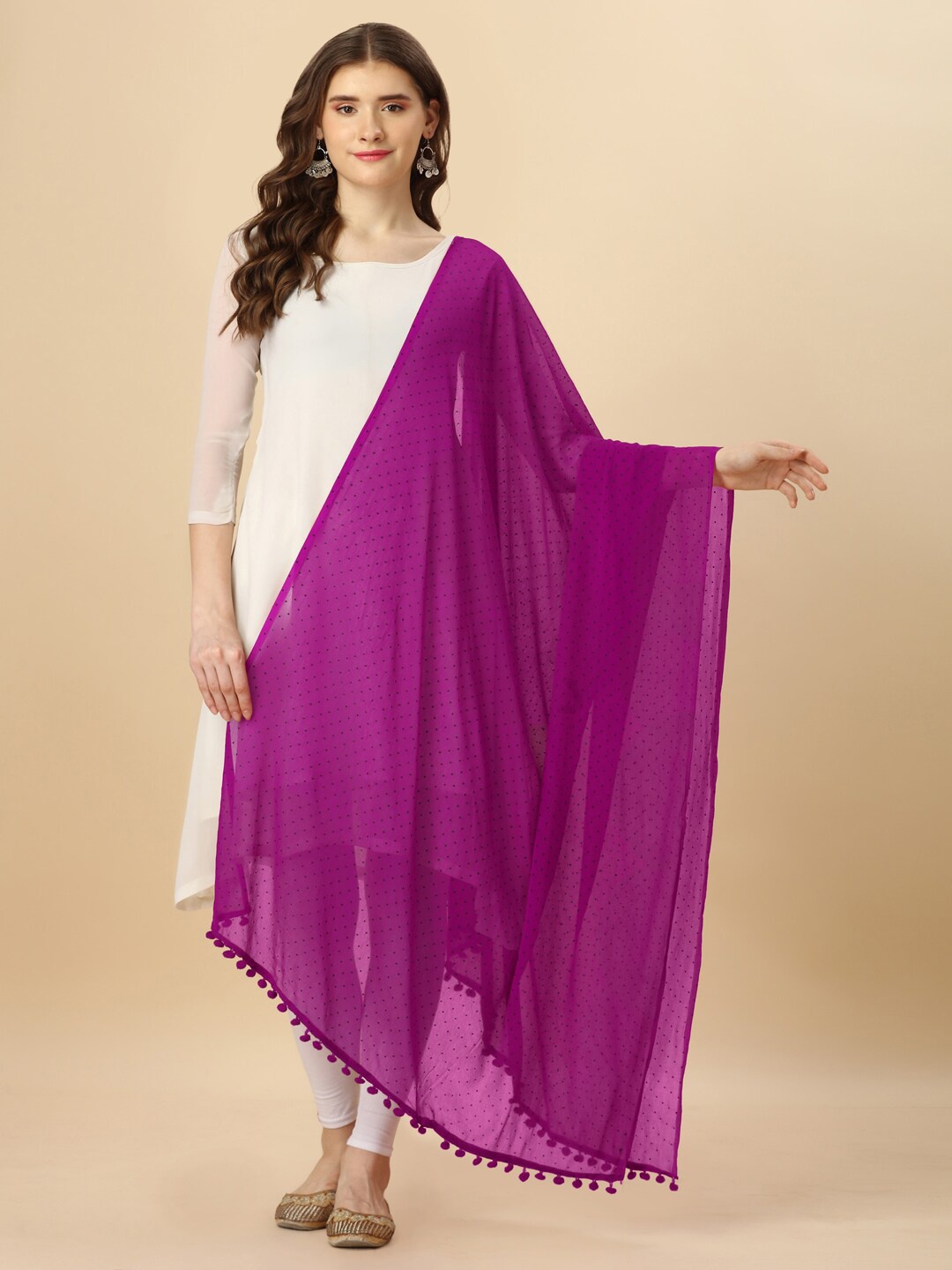 

CANIZZARO Polka Dot Printed Chiffon Dupatta, Magenta