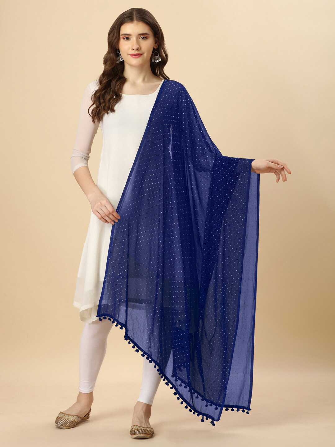 

CANIZZARO Polka Dot Printed Dupatta With Pom-Pom Border, Blue