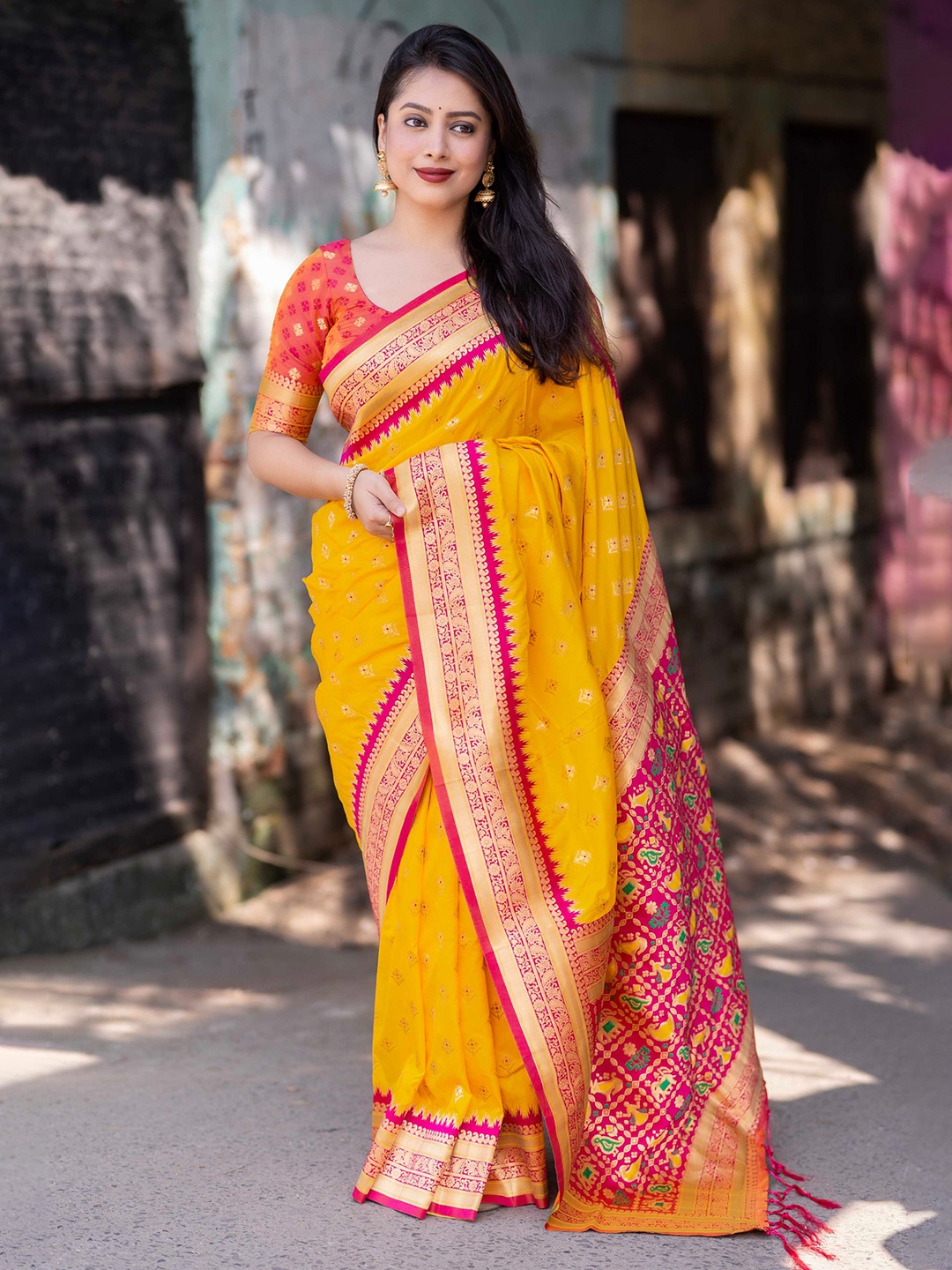

Mitera Woven Design Zari Silk Blend Designer Patola Saree, Yellow