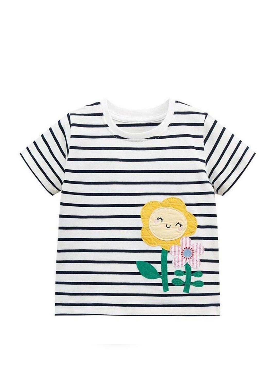 

StyleCast Girls White Cotton Floral Striped Regular Fit Round Neck T-shirt