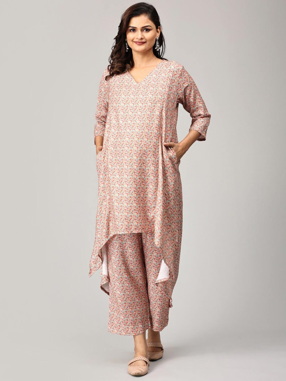 

The Mom Store Floral Printed Cotton Maternity Kurta with Palazzos, Peach