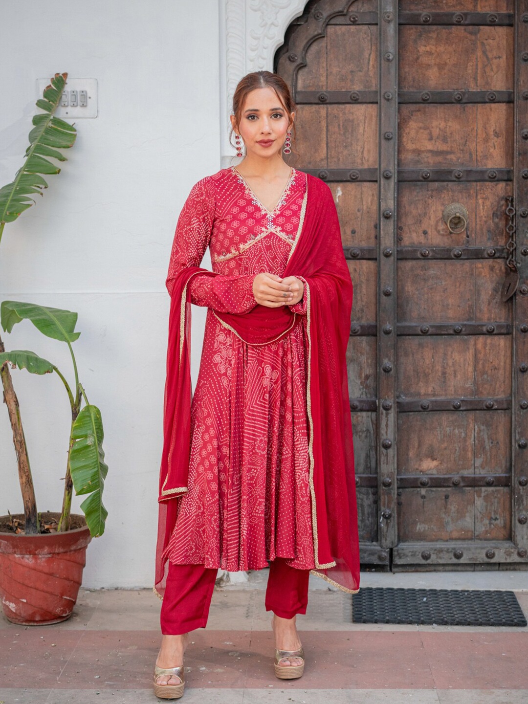 

Ambraee Bandhani Printed Regular Sequinned Anarkali Kurta With Trouser & Dupatta, Maroon