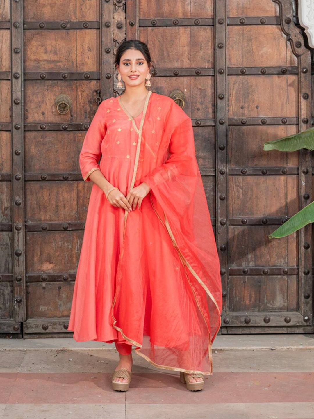 

Ambraee V Neck Angrakha Yoke Design Anarkali Kurta With Trousers & Dupatta, Coral