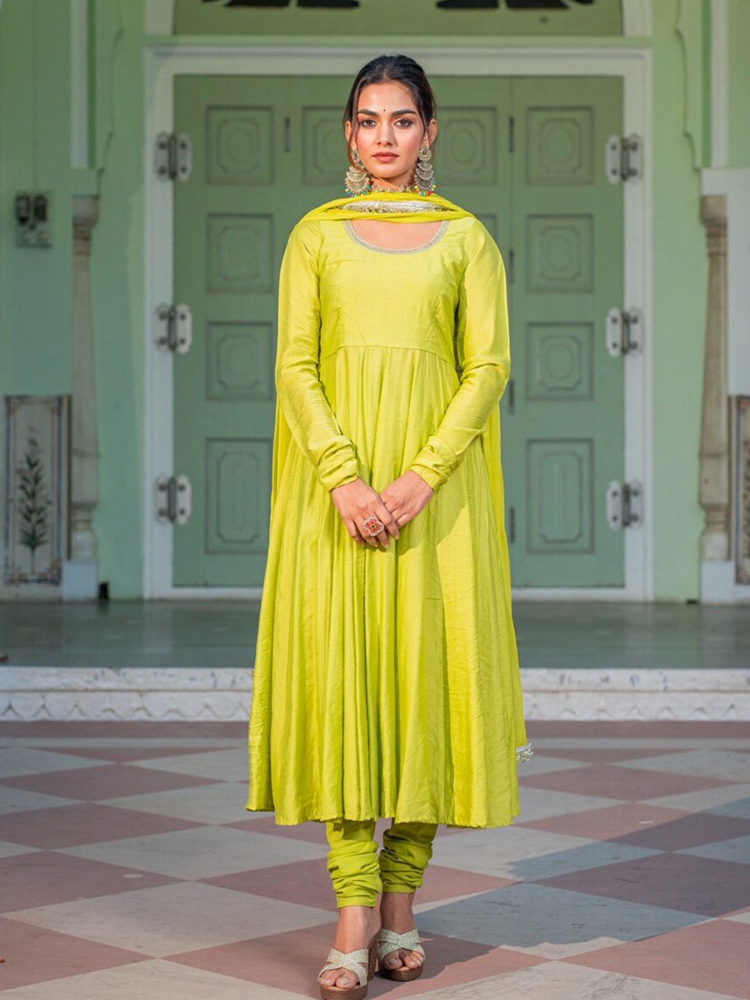 

Ambraee Round Neck Chanderi Silk Anarkali Kurta With Churidar & Dupatta, Fluorescent green