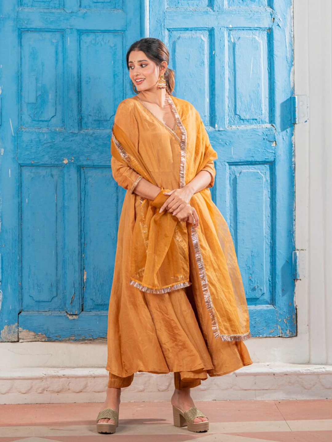 

Ambraee V-Neck Angrakha Kurta With Trousers & Dupatta, Mustard