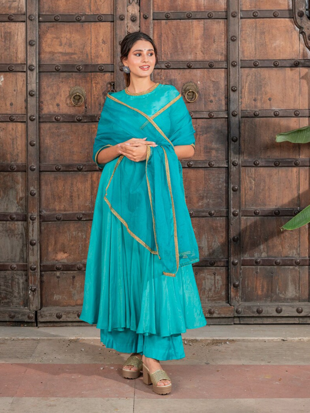 

Ambraee Round Neck Gotta Patti Anarkali Kurta With Sharara & Dupatta, Teal