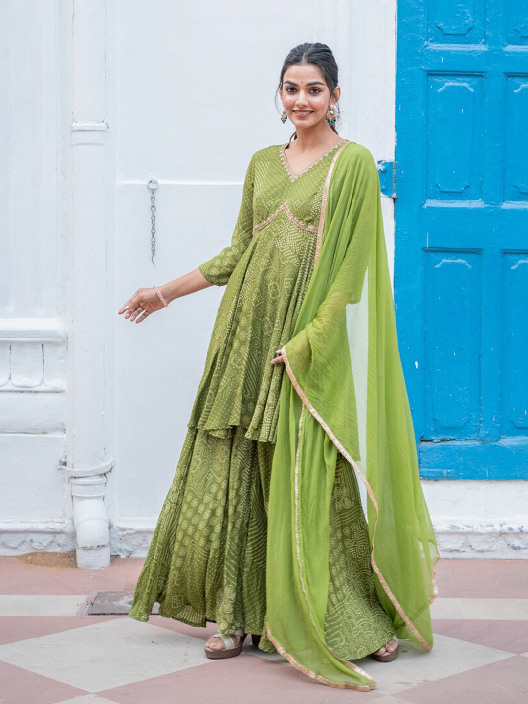 

Ambraee Bandhani Printed Regular Sequinned Kurta With Sharara & Dupatta, Green