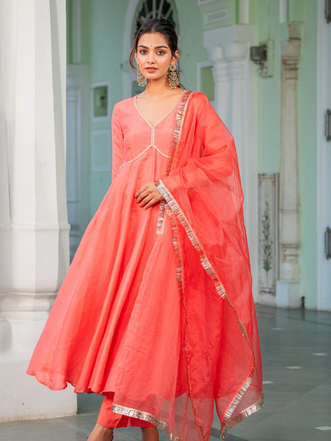 

Ambraee V-Neck Regular Panelled Anarkali Kurta With Trousers & Dupatta, Pink